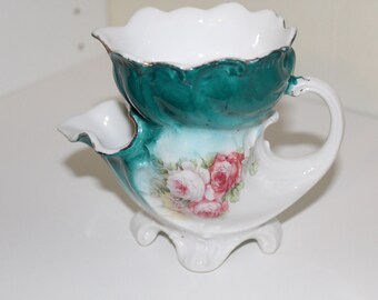 Victorian Shaving Scuttle Mug Cup Footed Pedestal Floral Porcelain Cornucopia