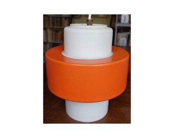 Original Philips sixties pendant light, lampshade of metal and glass, orange and white, mid century modern design, partly original wiring