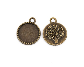 10 Bronze TREE OF LIFE Charm Pendants, Cabochon Bezel Tray, fits 14mm round cabs, chb0356