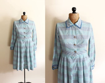 vintage dress 50s mint green plaid ric rac handmade house shirt 1950's womens clothing size s small