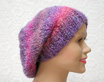 Slouchy hat, purple pink grey, striped hat, winter hat, knit hat, toque, slouchy beanie, womens hat, chemo cap, pink grey purple hat, hiking