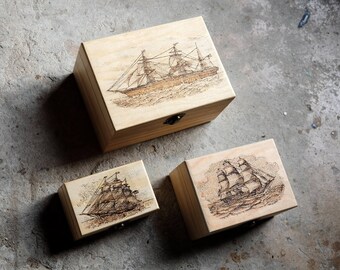 Sailing ships - Chinese box set pyrography art