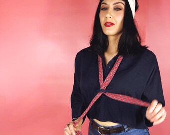 Vtg 80s Cropped Plaid Asymmetrical Tie Blouse M