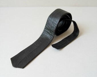 Vintage Black Leather Skinny Tie, Leather Necktie, 1980s
