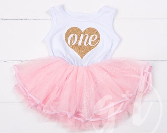 First Birthday, First Birthday Outfit, Pink and gold first birthday, Gold Heart first Birthday dress, Tutu dress, Girls first birthday