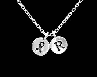 Cancer Awareness Ribbon Necklace, Initial Necklace, Survivor Necklace, Mom Wife Girlfriend Daughter Mother's Day Gift Necklace, Monogram