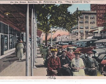 Florida, Vintage Postcard, "On the Green Benches, St. Petersburg, Fla.," 1925, #1276.