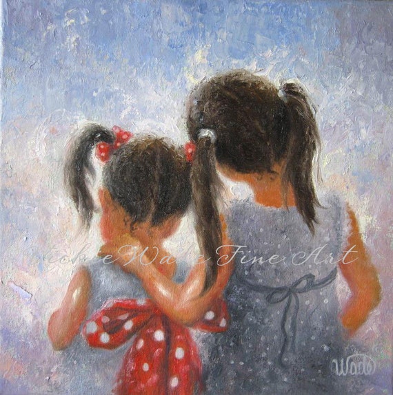 Two Sisters Art Print two girls loving sisters childrens