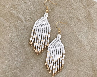 Beaded native american earrings in white and gold