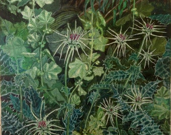 Wall decor, oil painting. Thistle. Canvas art. Birthday gift, wedding gift, gift for her, gift for him.