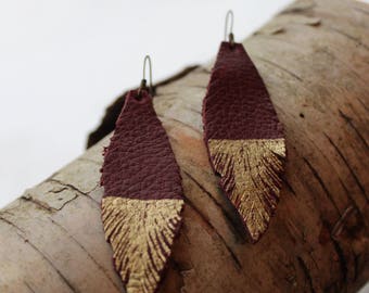 Reclaimed leather feather earrings- red wine and gold