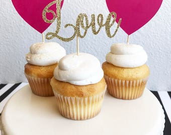 Love Cupcake Toppers | Heart Cupcake Toppers | Bridal Shower Cupcake Toppers | Wedding Cupcake Toppers | Cake Topper | Party Decor | Engagem