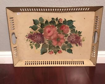 Vintage Tole Painted Tray with Flowers