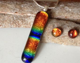 Dichroic bar necklace, glass jewelry set, fused glass pendant, dichroic glass earrings, handmade gift for her, women's fashion, Mother's Day