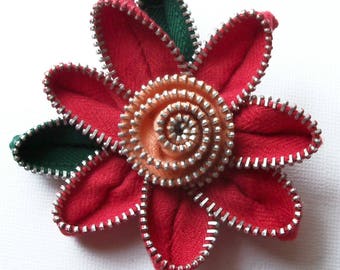 Red and Peach Floral Brooch / Zipper Pin by ZipPinning 2782