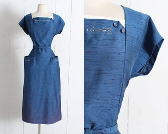 Vintage 1950s Dress | vintage 50s metal stud arrows dress | silk dupioni pockets belt blue | L/XL large lg
