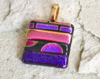 Dichroic Glass Pendant Pinks and Purples Metallic Stripes Square Shaped With Your Choice of Silver or Gold Bail Fitting