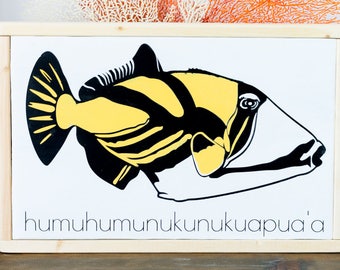 Humuhumunukunukuapua'a fish - Wood Sign - Hawaiian State Fish - Yellow, White, Black - Reef Triggerfish