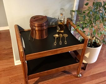 Mid Century Inlaid Walnut Two-Tier Bar Cart On Casters