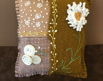 Crazy Quilt Wool Felt Pincushion...Drizzle Stitch Flower...Vintage Buttons...Embroidery Stitches...Needlework...Pincushion... Wool Felt
