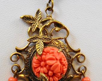Faux Coral Pendant Necklace in Brass