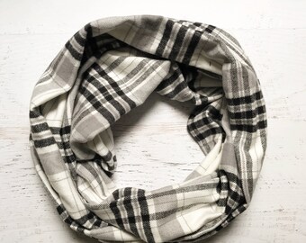White, Black, & Grey Plaid Flannel Infinity Scarf - Handmade - Preppy, Classic, Soft, Warm - Gift for Her, Birthday, Fall Fashion, Chic