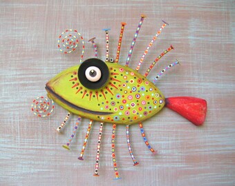 Green Perch, MADE to ORDER, Original Found Object Wall Sculpture, Fish Wall Art, Wood Carving, Wall Decor, by Fig Jam Studio