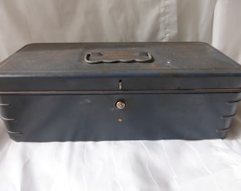 Vintage Climax Blue Metal Push Button Box. Blue hammered finish metal tool box, organizer box, decorative box.