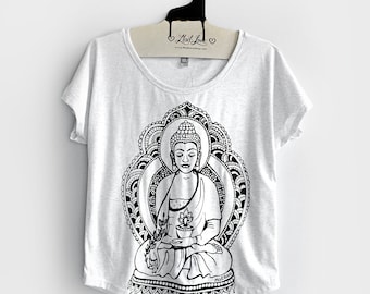 Small- Tri-Blend Heather White Dolman Top with Buddha Screen Print
