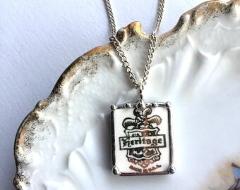 Broken china jewelry pendant necklace, antique armor feather coat of arms Heritage 24k gold backstamp pendant - Dishfunctional Designs