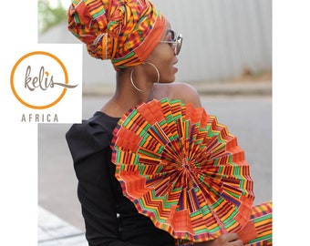 Supersize African Print Fan/ African Print Folding Hand Fan/ Handmade Leather and African Print Fan