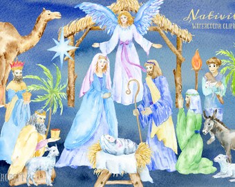 Watercolor clip Art Nativity - Nativity scene, mary, joseph,angel, nativity of Jesus, 3 kings, lamb, camel, for instant download