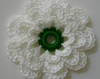 Crocheted Flower - White with Myrtle Green - Crocheted Flower Applique - Crocheted Flower Embellishment