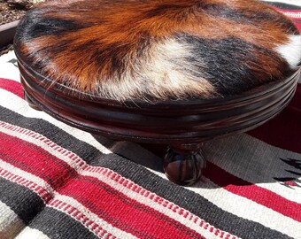 Custom Refinished Antique Mahogony Wood Footstool in Cowhide