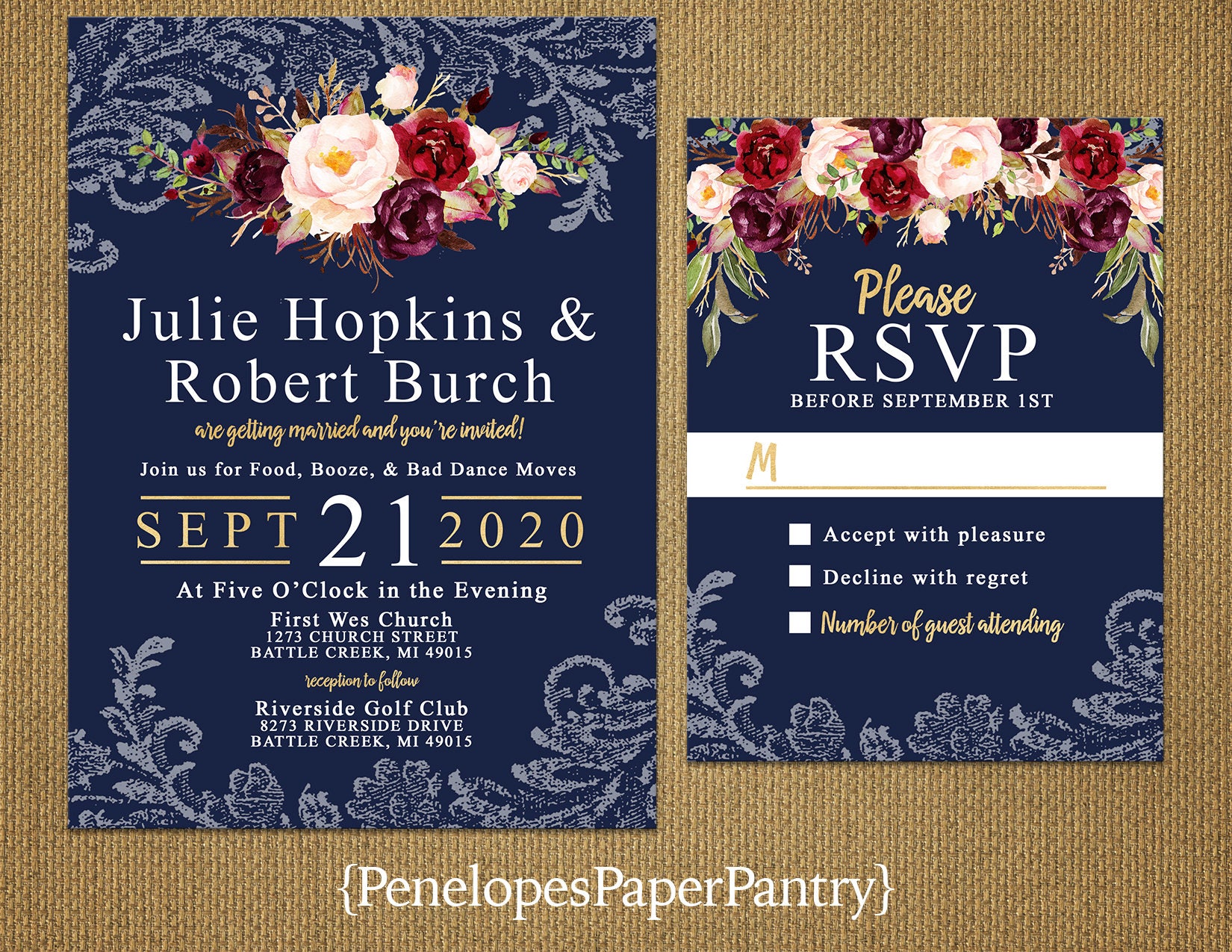 Romantic Navy Fall Wedding InvitationNavy