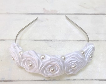 White Satin Rose Flower and White Pearl Tiara Headband | Hair Accessory | Wedding | Party