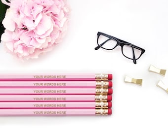 CUSTOM Personalized Pencils Your Words - 12, 24, 48, 72 / Pink Blue Black Silver White Pencil Set / Gold Engraved Imprinted Wholesale