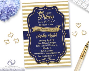 Prince Baby Shower Invitation. Royal Blue and Gold. Crown Baby Boy. Our Little Prince is on the way. Gold Glitter Stripes. Printable Digital