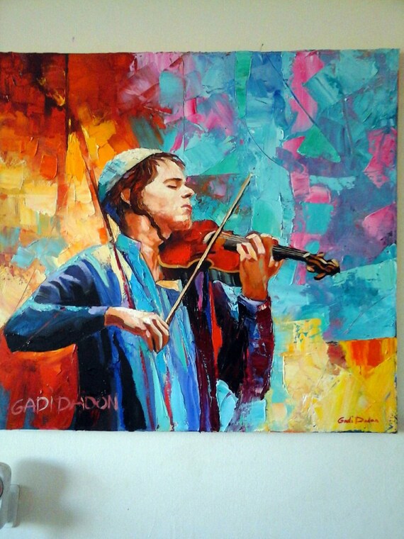 Jewish Art Musician Oil Painting Vioilinist Large Canvas Made