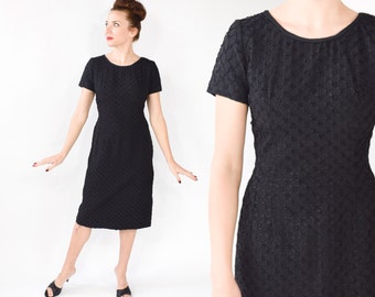 50s Ribbon Lace Dress | Black Lace Midcentury Wiggle Dress | Short Sleeve Sheath Dress | Medium
