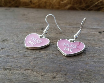 Pink Heart - Hug Me - Earrings - Valentine Jewelry - Teens Tweens Kids Womens Earrings, Conversation Heart Charms - Valentine's Gift