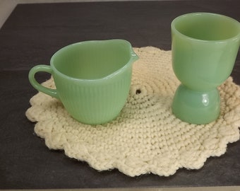 FireKing jadeite egg cup and Jane Ray creamer