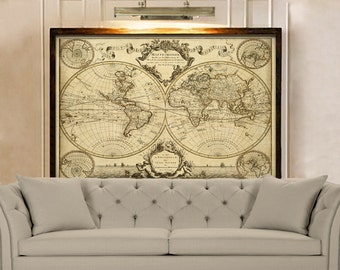 1720 Old World Map Restoration Hardware Style World Map Guillaume de L'Isle mappe monde Wall Map