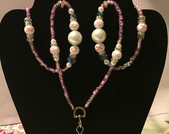 Hand beaded pink ribbon lanyard