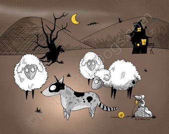 Gothic Australian Cattle Dog Herding Sheep Matted Print