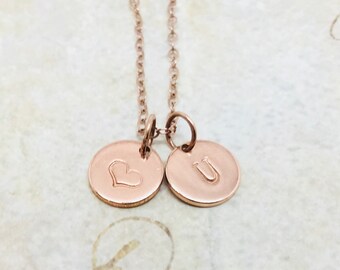 Rose Gold Personalized Heart Necklace, Initial Necklace, Letter U Necklace, Choose your Letter, Mother's Necklace, Hand Stamped Jewelry