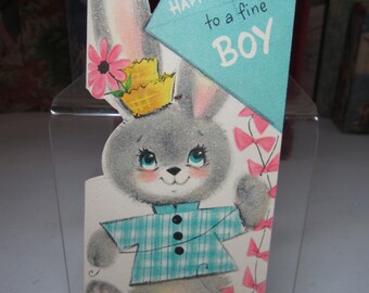 Sweet 1950's die cut flocked hallmark easter card to a fine boy dressed bunny rabbit flying a kite