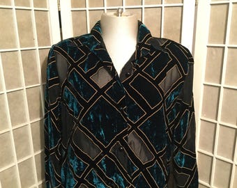 1980s Velvet Sheer Green Blouse XL