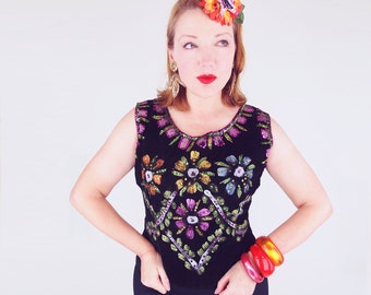50s Mexican Hand Painted and Sequined Black Velvet Top M