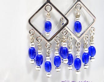 Small Blue Earrings Chandelier Earring Blue Drop Earrings Handmade Earrings Blue Silver Dangles Lever Back Earring or Sterling Silver